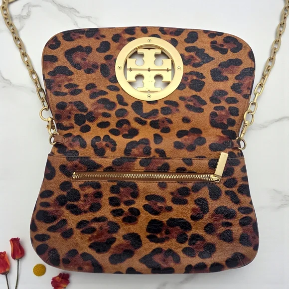 Tory Burch Ainsley Leopard Print Patent Leather Clutch Crossbody Gold Logo Bag - Picture 9 of 17